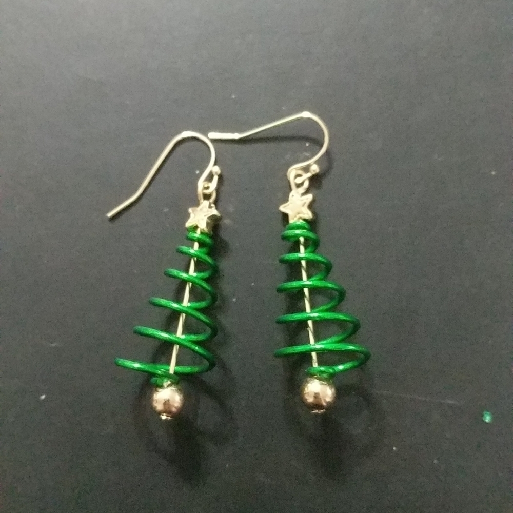 Gold Tone Green Swirly Metal Christmas Tree with Star Holiday Statement Earrings